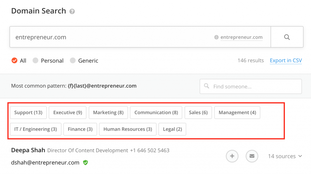 Hunter.io domain search ile entrepreneur.com mail adreslerini bulma