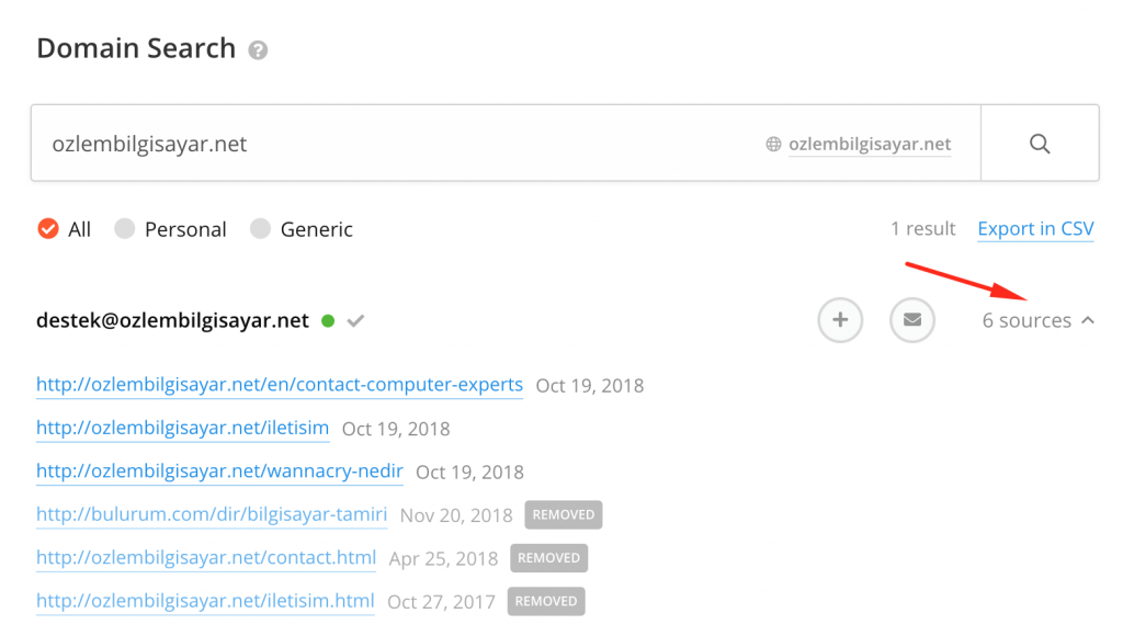 Hunter.io ile Özlem Bilgisayar mail adresi arama sonuçları