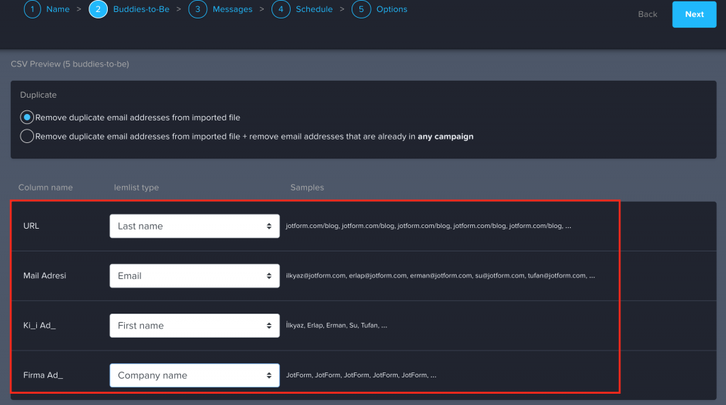 Lemlist değişken eşleştirme